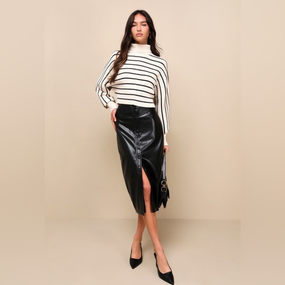 Stylish impression black vegan leather button front midi skirt